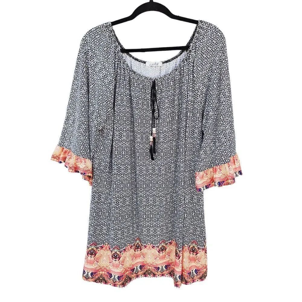 CUKY Boho Tunic Geo Print Tribal Bell Sleeve Blouse Keyhold Beads Plus Size 2XL